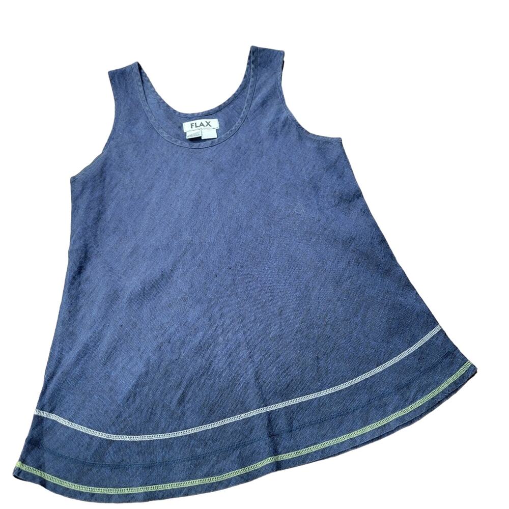 Womens Flax 100% Linen Tank Stitched Trims Summer Lagenlook Top Size Small